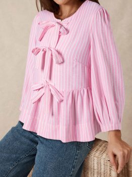 Pink Stripe Bowknot Front Crew Neck Puff Sleeve Blouse