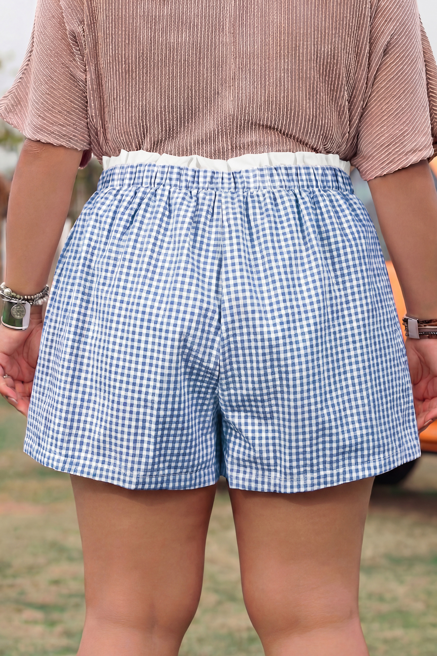 Sky Blue Contrast Trim Plaid Print Plus Size Shorts - Image 2