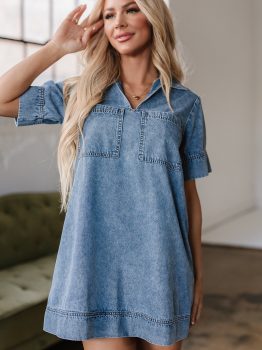Beau Blue Short Sleeve Collared Patched Pocket Denim Mini Dress