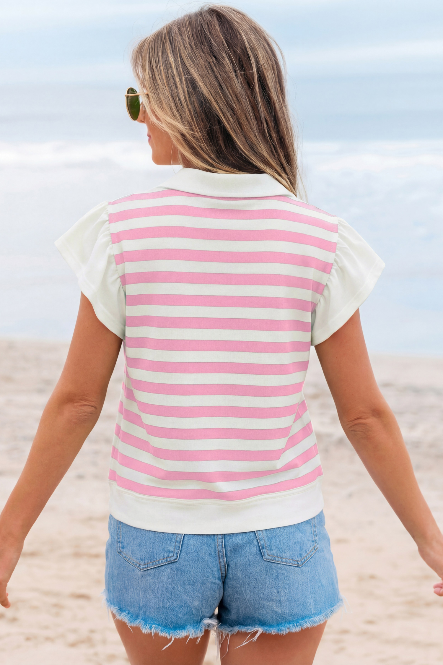 Pink Stripe Collar V Neck Ruffled Short Sleeve Blouse - Image 7