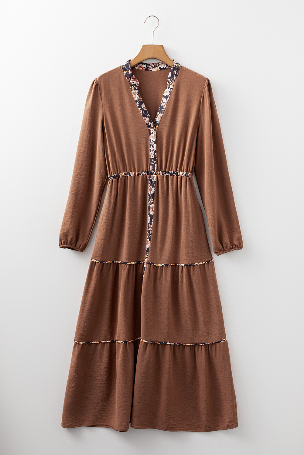 Chestnut Floral Patchwork Detail Notched Neck Long Sleeve Maxi Dress - Image 7