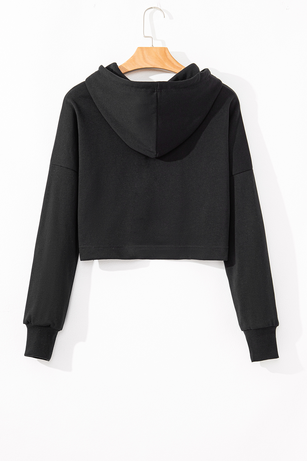 Black Solid Drop Shoulder Drawstring Cropped Hoodie - Image 5