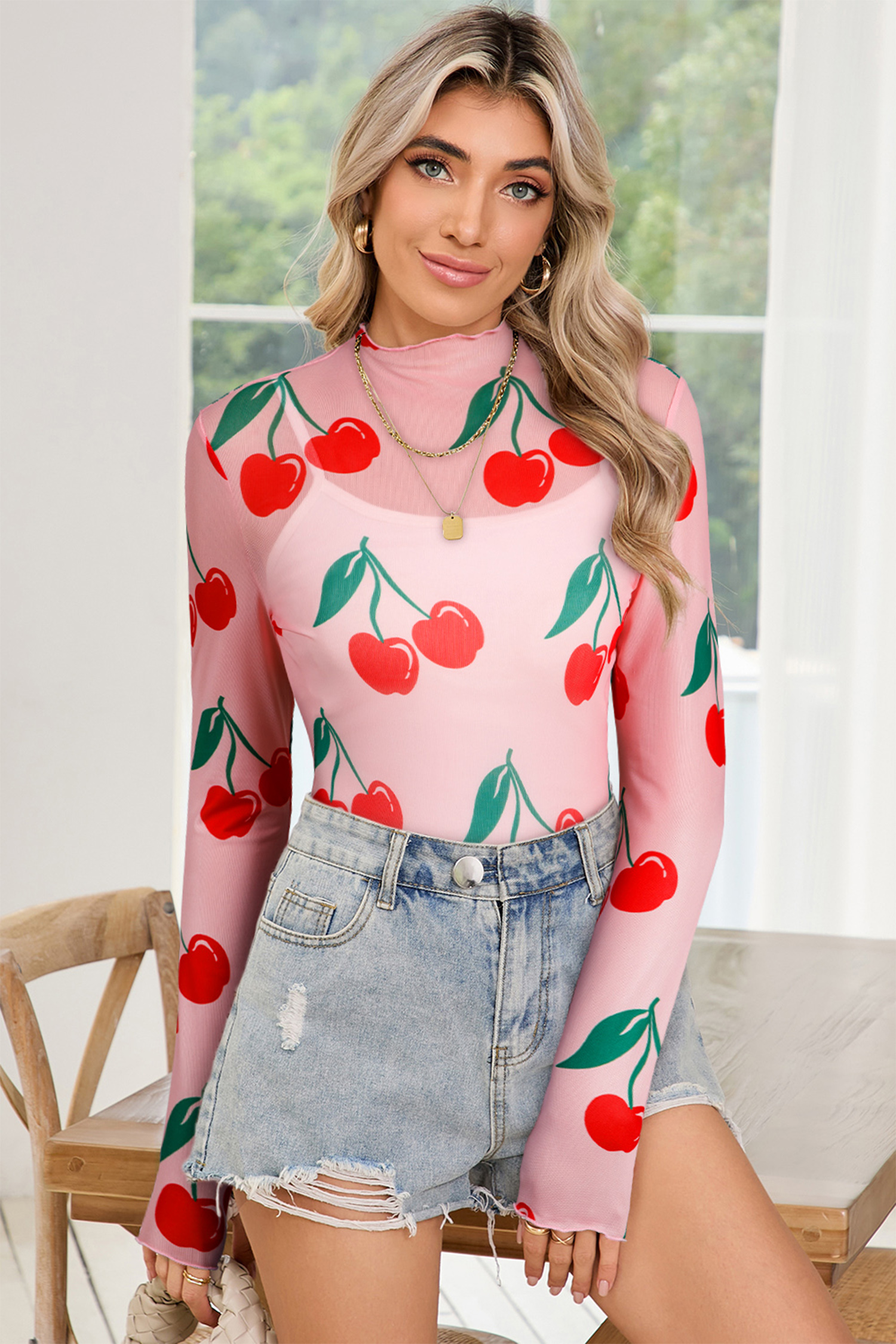 Pink Cherry Print Lettuce Trim Long Sleeve Mesh Top - Image 6