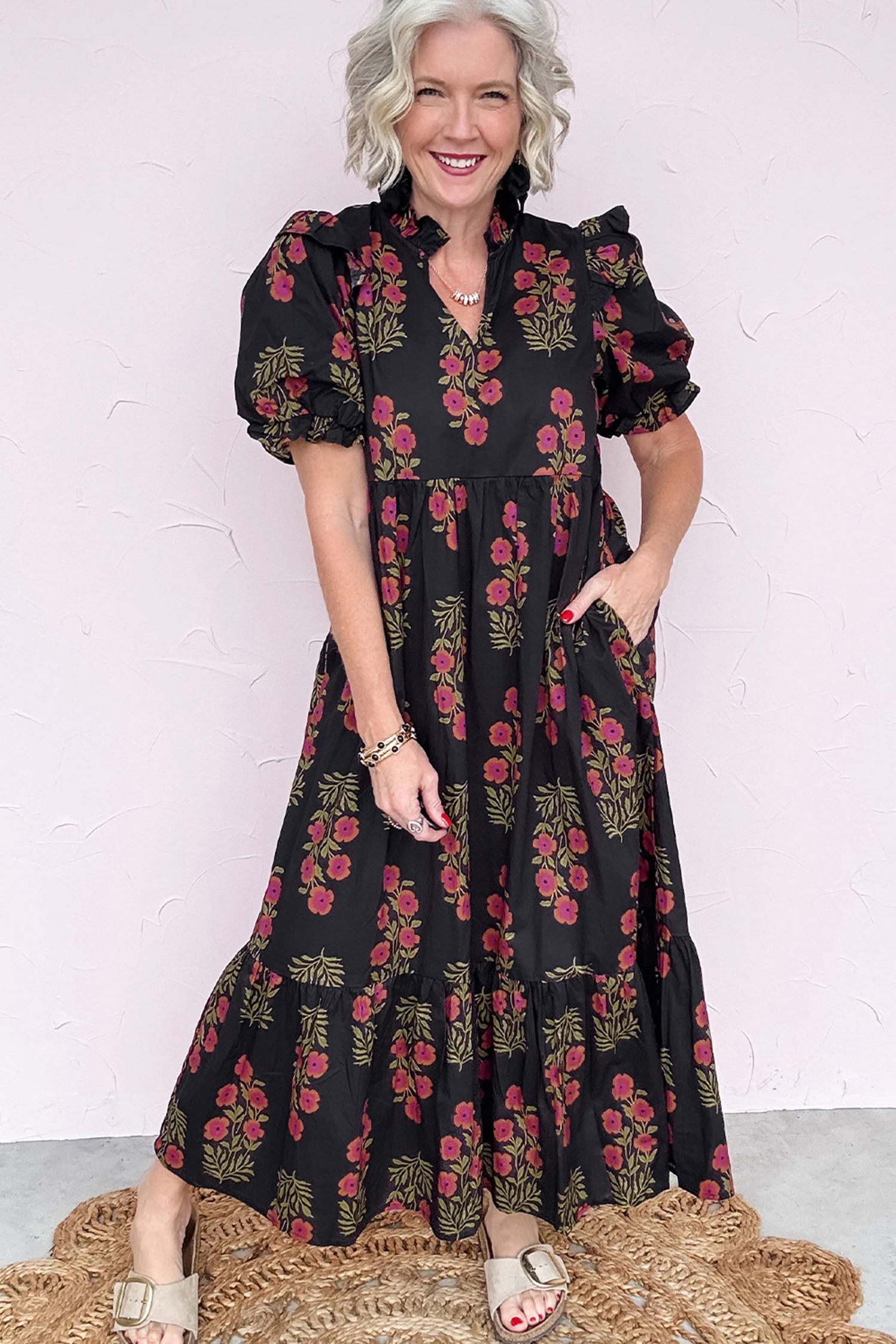 Black Floral Short Bubble Sleeve Tiered Maxi Dress - Image 4