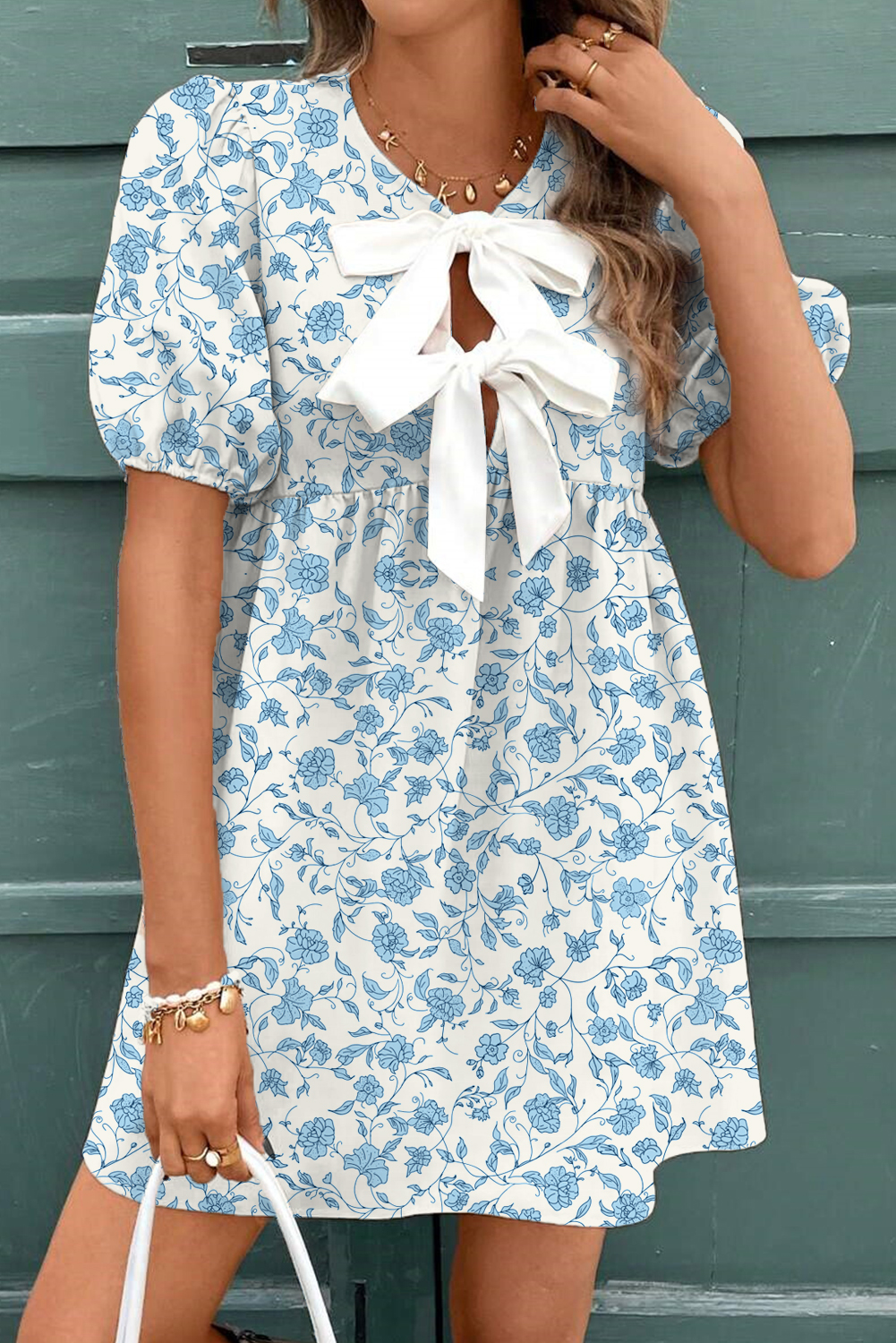 Sky Blue Floral Contrast Bow Puff Sleeve Mini Dress