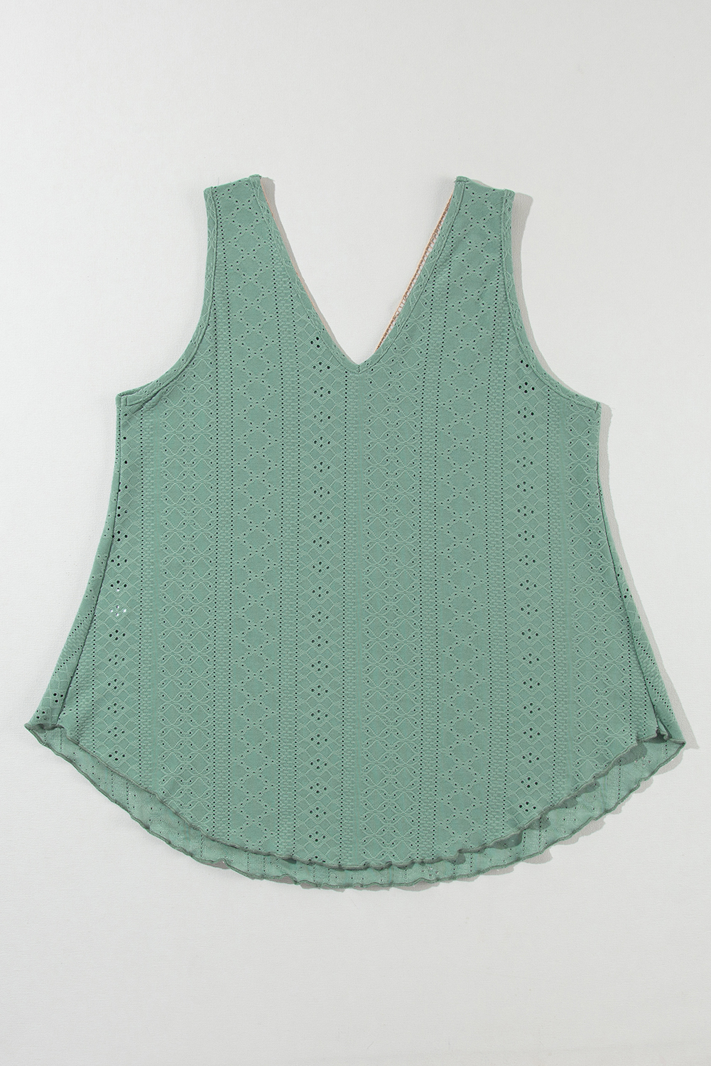 Mist Green Lace Crochet Splicing V Neck Loose Fit Tank Top - Image 5