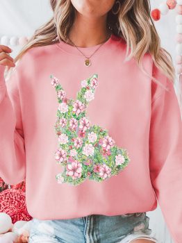 Pink Floral Bunny Printed Crewneck Easter Fashion Sweatshirt