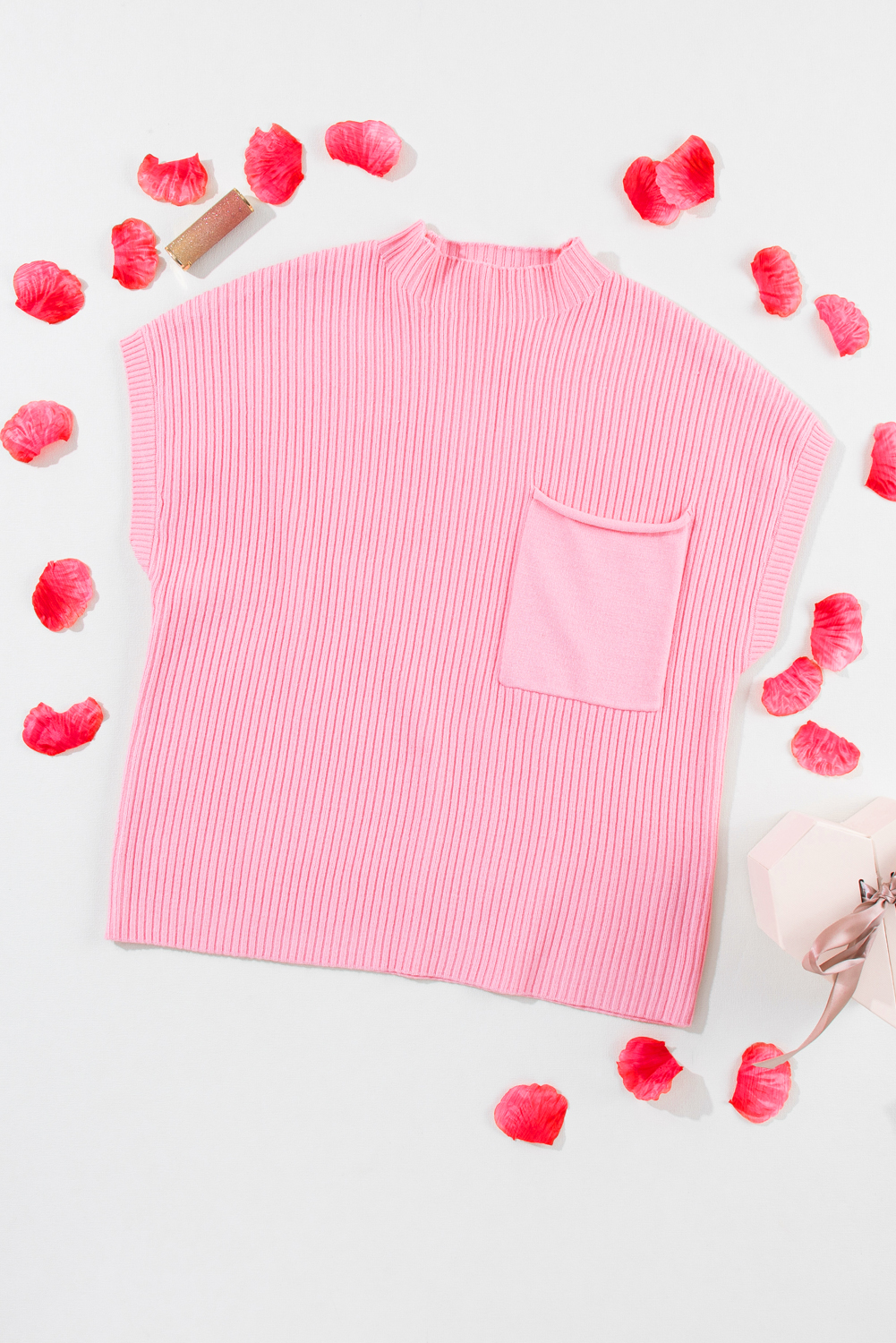 Pink Patch Pocket Ribbed Knit Short Sleeve Sweater - Image 8