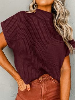 Mineral Red Patch Pocket Ribbed Knit Short Sleeve Sweater