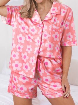 Pink Flower Print Short Sleeve Shirt Pajamas Set