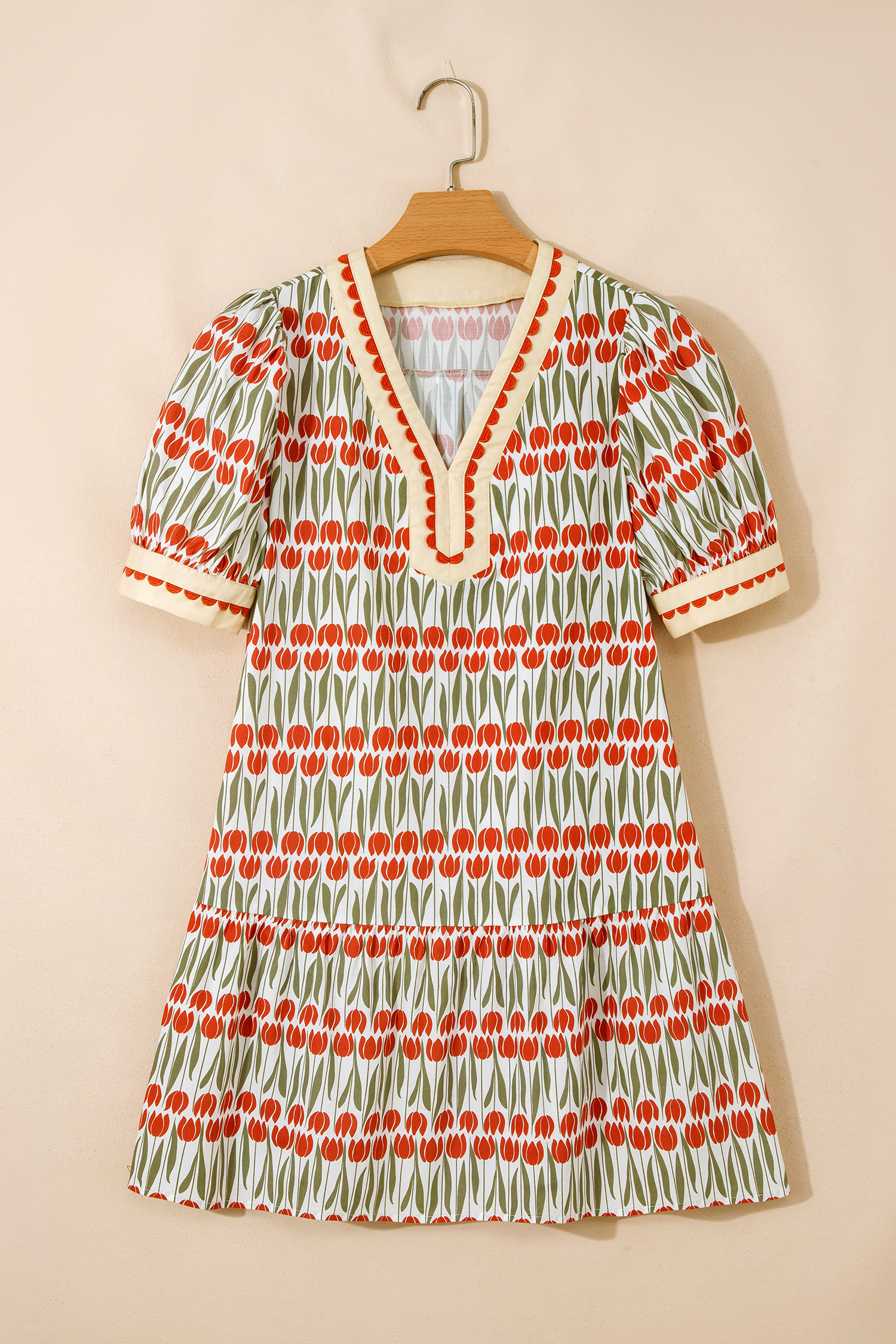 White Tulip Floral Print Cotton Puff Short Sleeve Mini Dress - Image 5