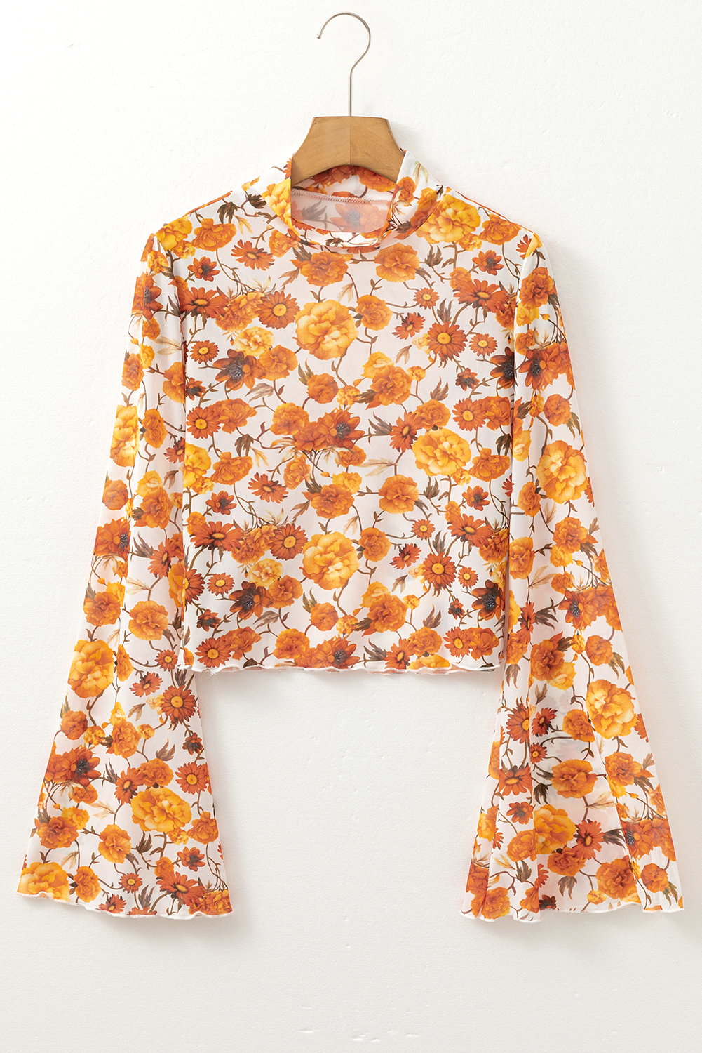 Orange Floral Printed Bell Sleeve Mock Neck Scallop Trim Blouse - Image 7