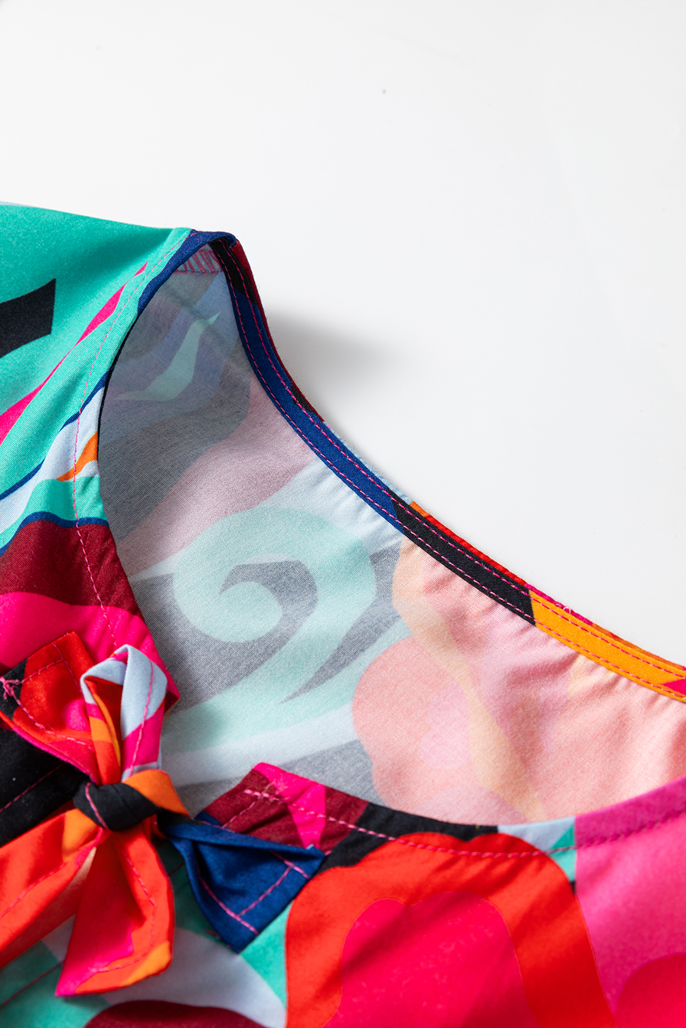 Red Abstract Floral Print Front Tied Puff Sleeve Babydoll Blouse - Image 8