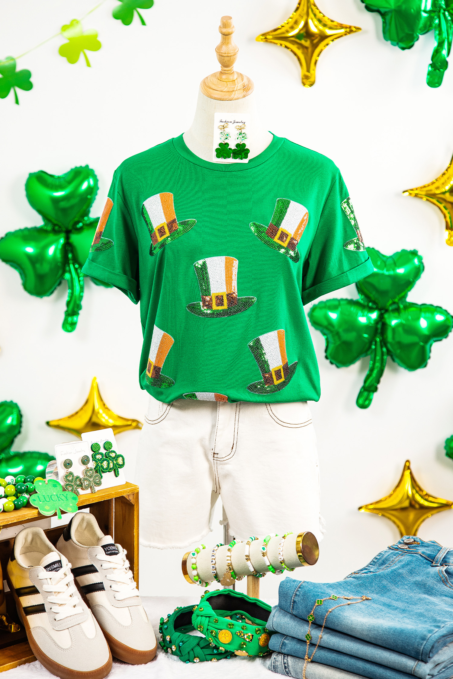 Bright Green Sequin St Patricks Day Hat Relaxed T Shirt - Image 7