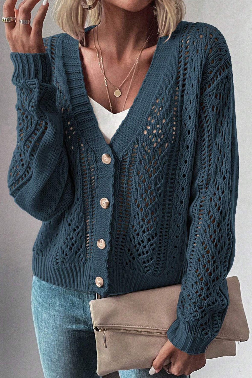 Real Teal Open Knit Drop Shoulder Sweater Cardigan - Image 7