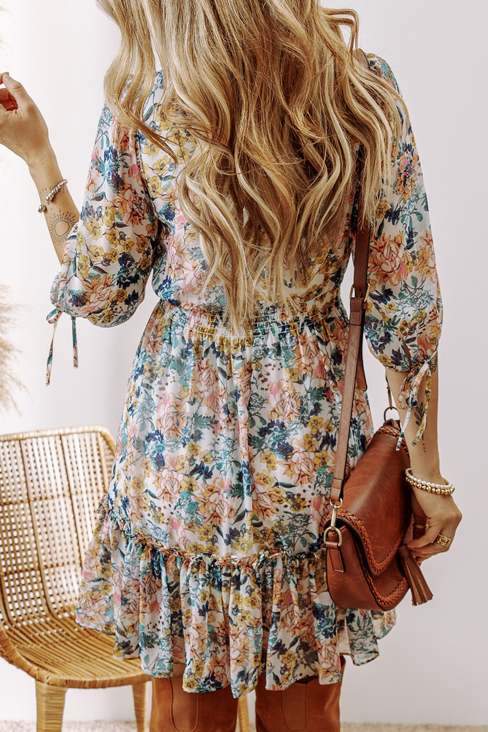 Sky Blue Floral 3/4 Sleeve V Neck High Waist Ruffled Dress - Image 2