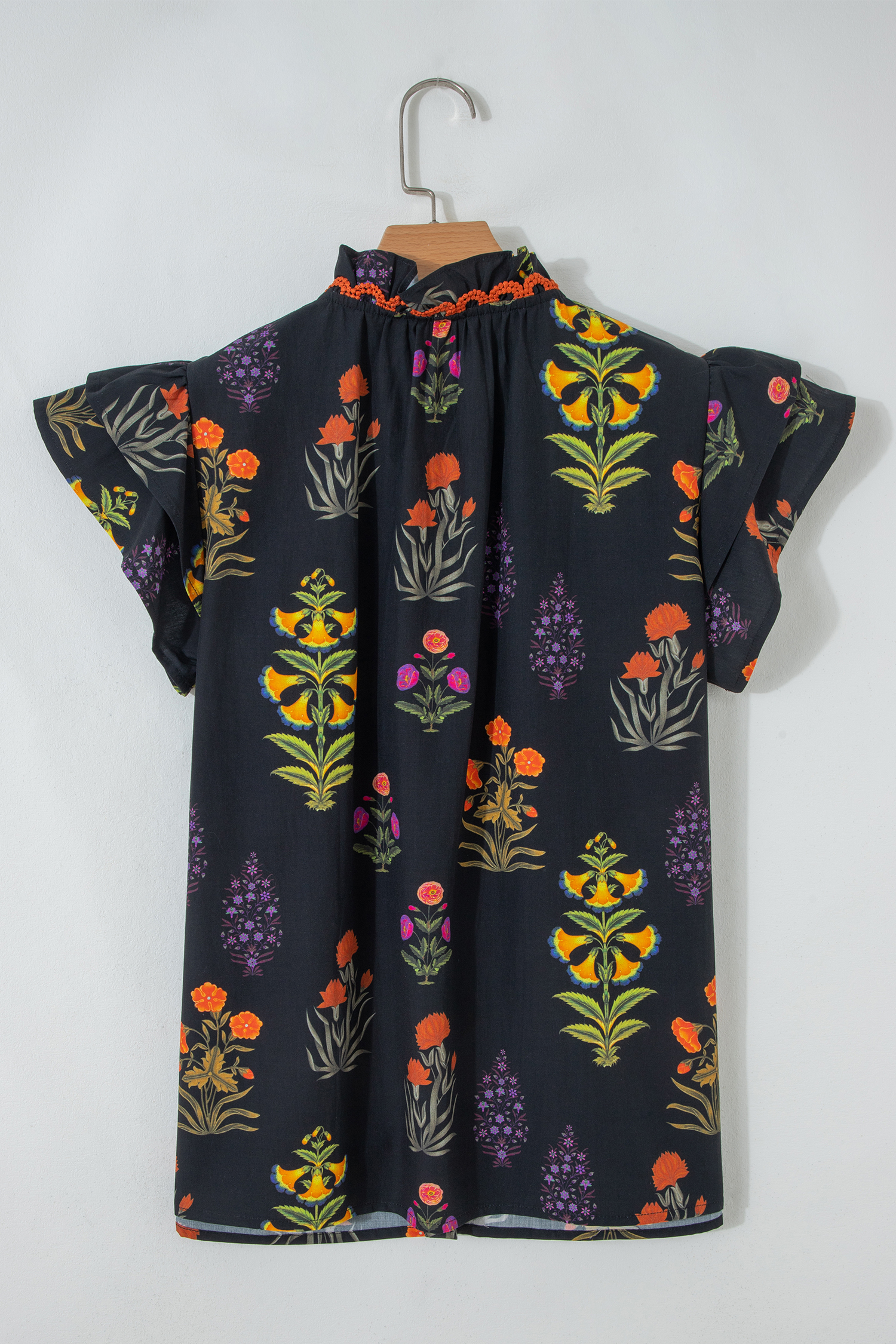 Black Floral Print Lace Trim Frilled V Neck Short Sleeve Shirt - Image 6