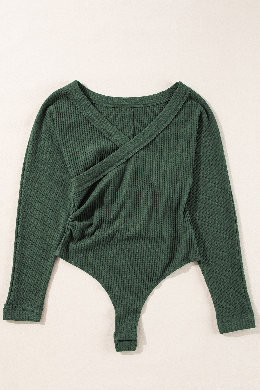 Blackish Green Waffle Knit Slim Fit Wrap V Neck Bodysuit - Image 3
