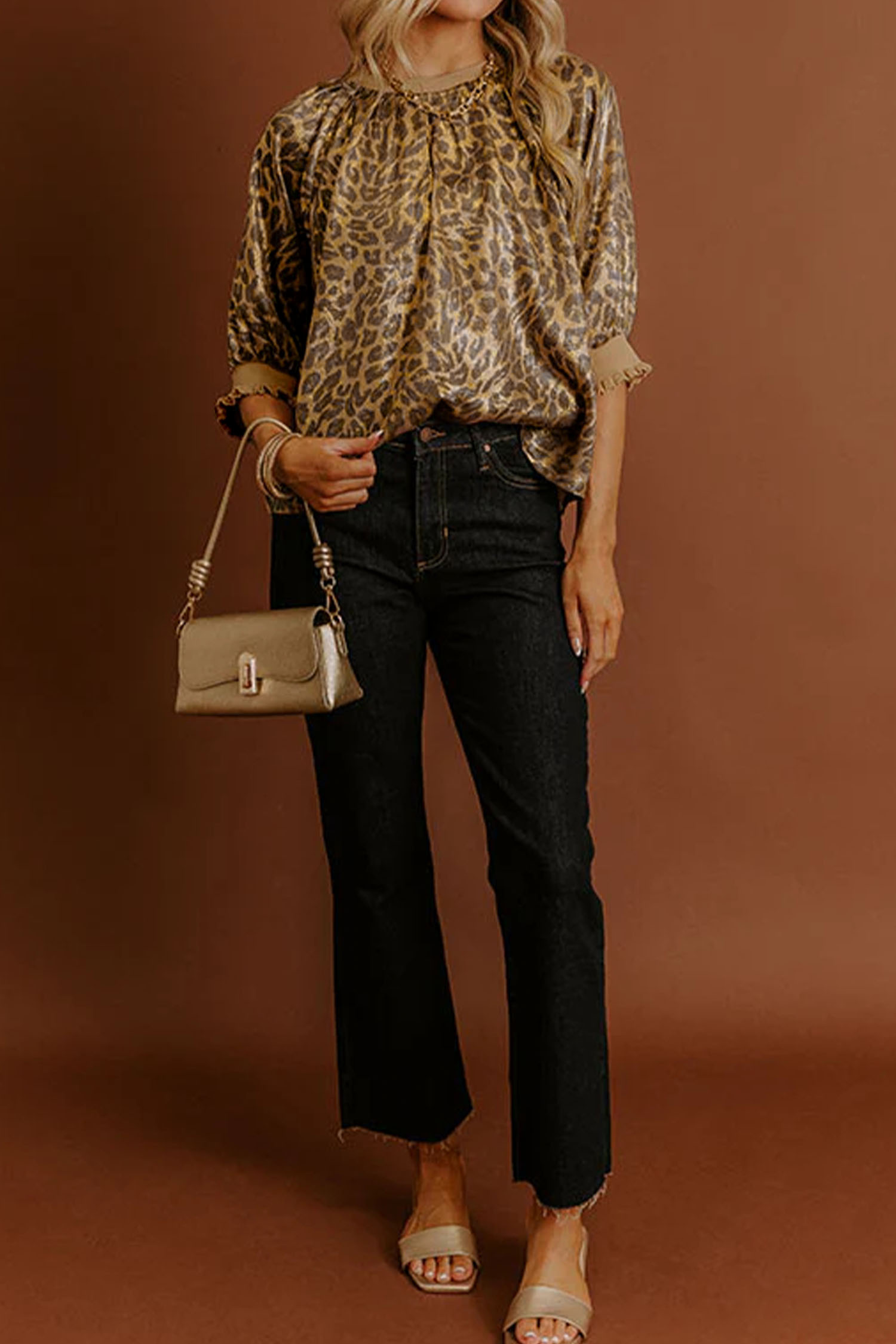 Gold Half Sleeve Metallic Leopard Print Blouse - Image 4