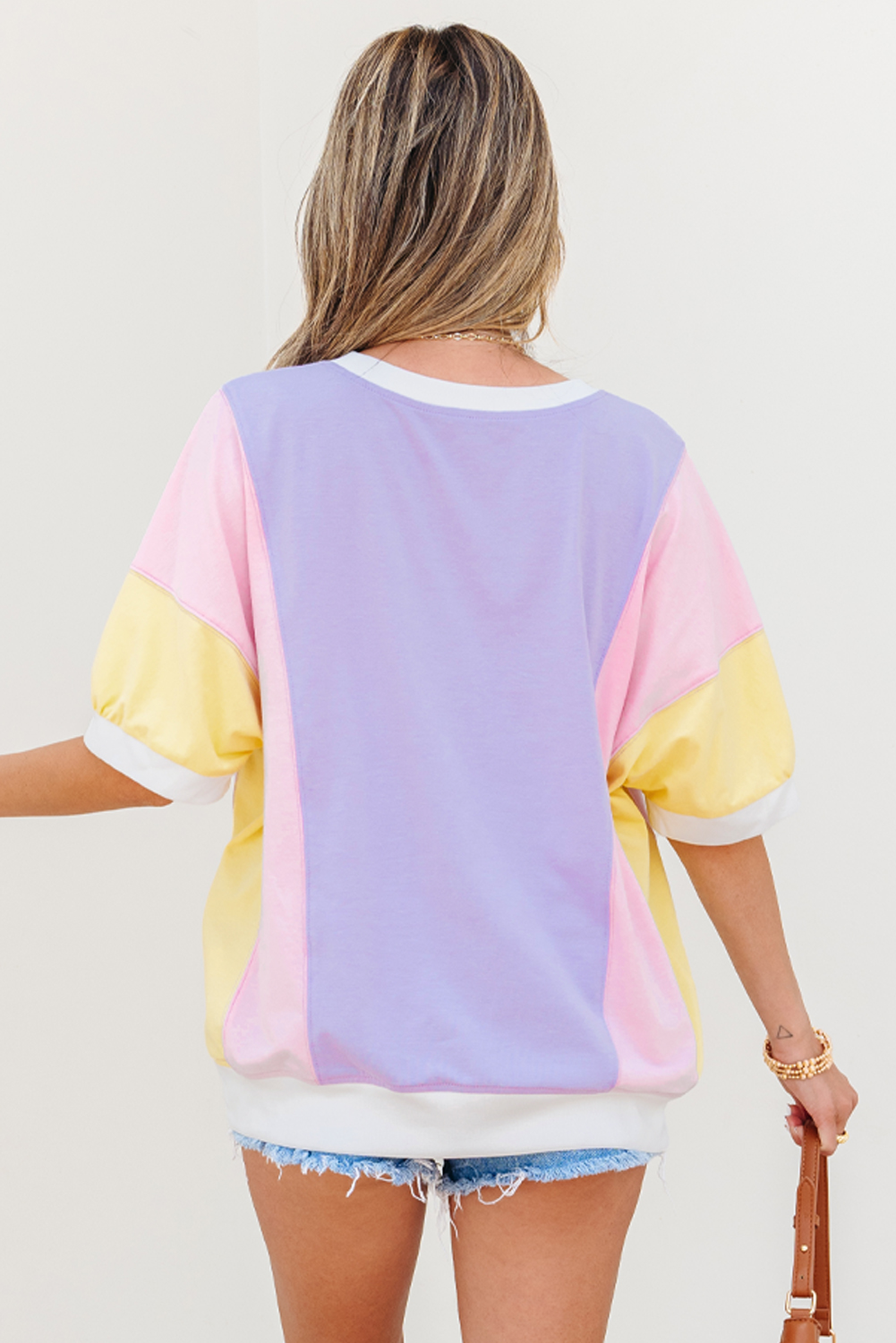 Purple Color Block Patchwork Half Sleeve Oversized T Shirt - Image 2