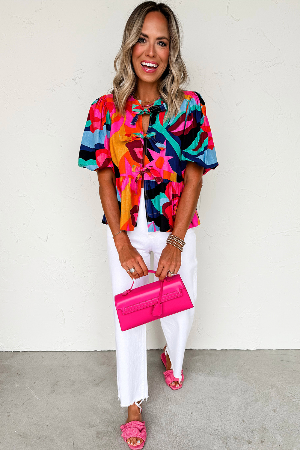 Red Abstract Floral Print Front Tied Puff Sleeve Babydoll Blouse - Image 5