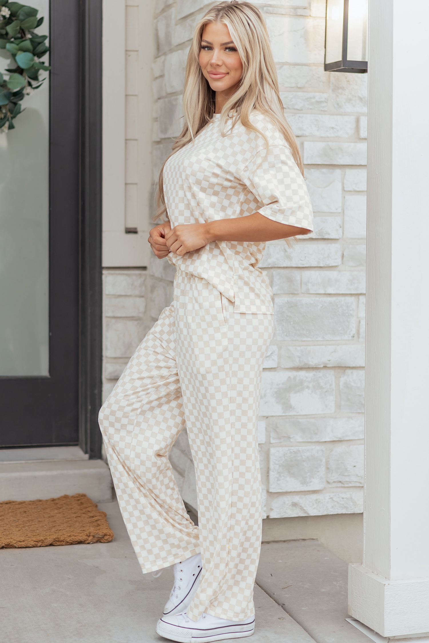 Khaki Checkered Print Half Sleeve Tee 2pcs Lounge Pant Set - Image 6