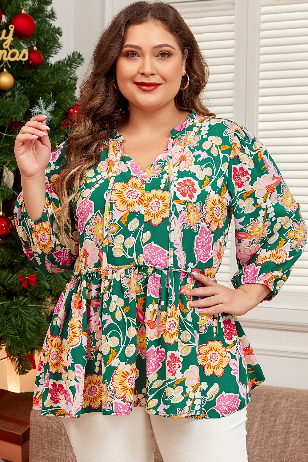 Green Floral Tied V Neck Long Sleeve Plus Size Babydoll Top - Image 3
