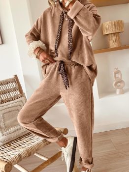 Dark Khaki Leopard Drawstring Pullover Hoodie and High Waist Pants Corduroy Suit
