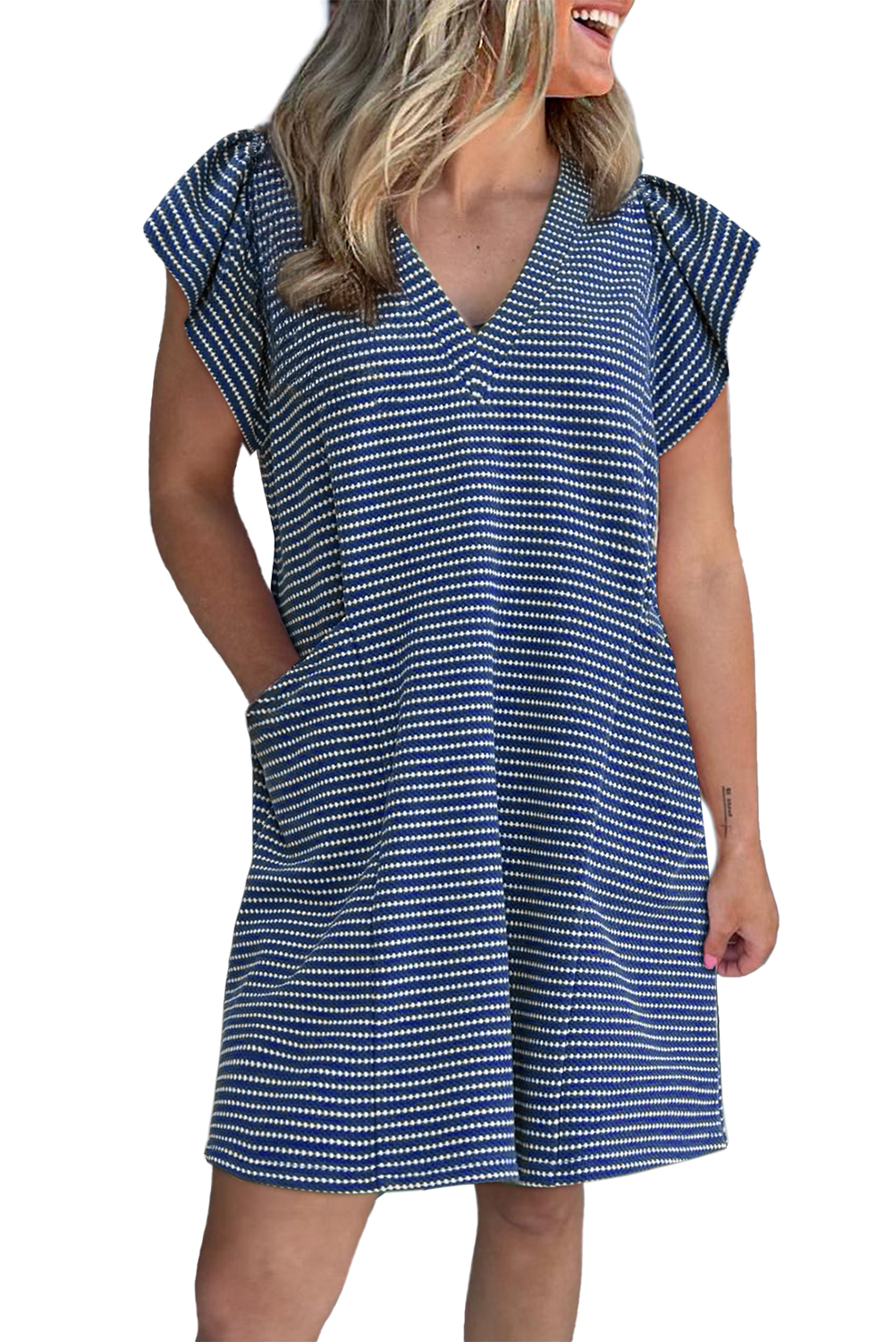 Blue Stripe Textured Knit V Neck Flutter Sleeve Shift Mini Dress - Image 6