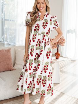 Beige Floral Short Bubble Sleeve Tiered Maxi Dress