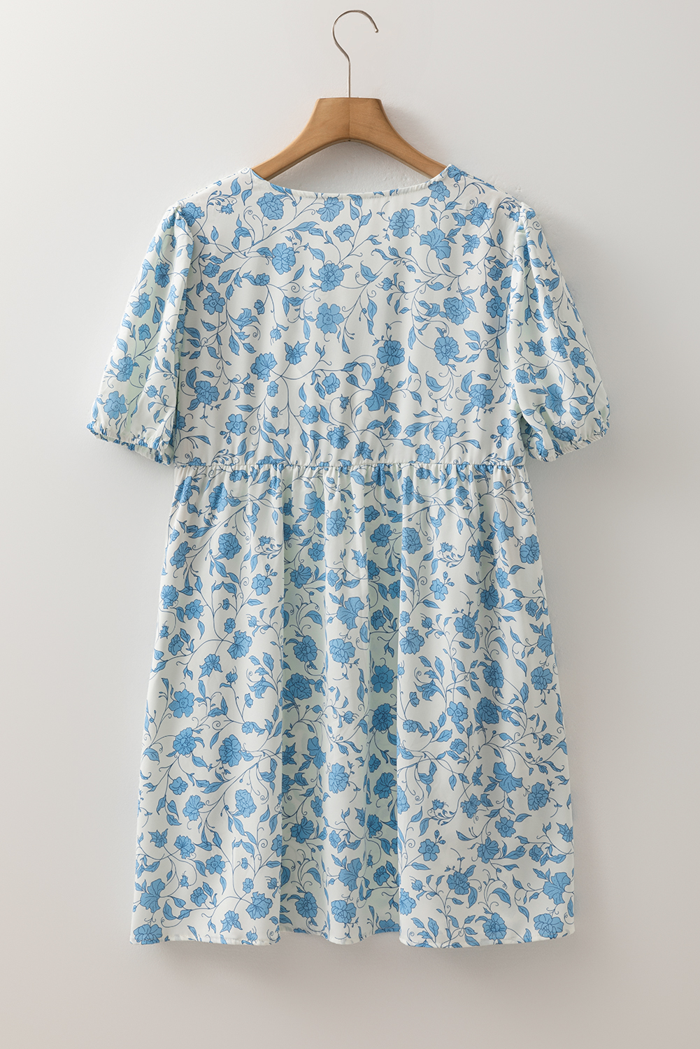 Sky Blue Floral Contrast Bow Puff Sleeve Mini Dress - Image 4