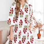 White Floral Print V Neck 3/4 Sleeve Loose Mini Dress