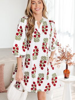 White Floral Print V Neck 3/4 Sleeve Loose Mini Dress