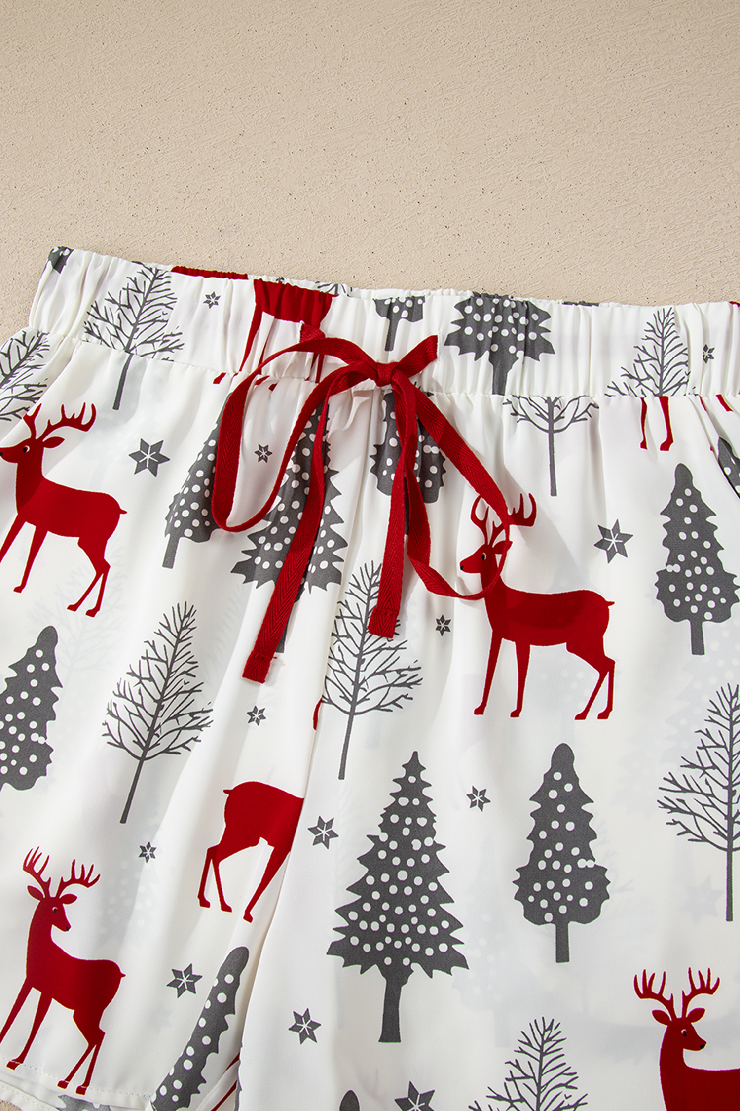 White Christmas Fashion Print Velvet Trim Bow Knot Pajama 2pcs Short Set - Image 6