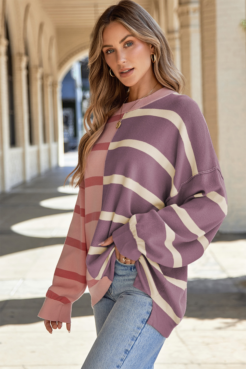 Pink Stripe Colorblock Oversized Sweater - Image 3