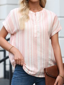Fiery Red Breathable Gauze Half Button Short Sleeve Casual Blouse