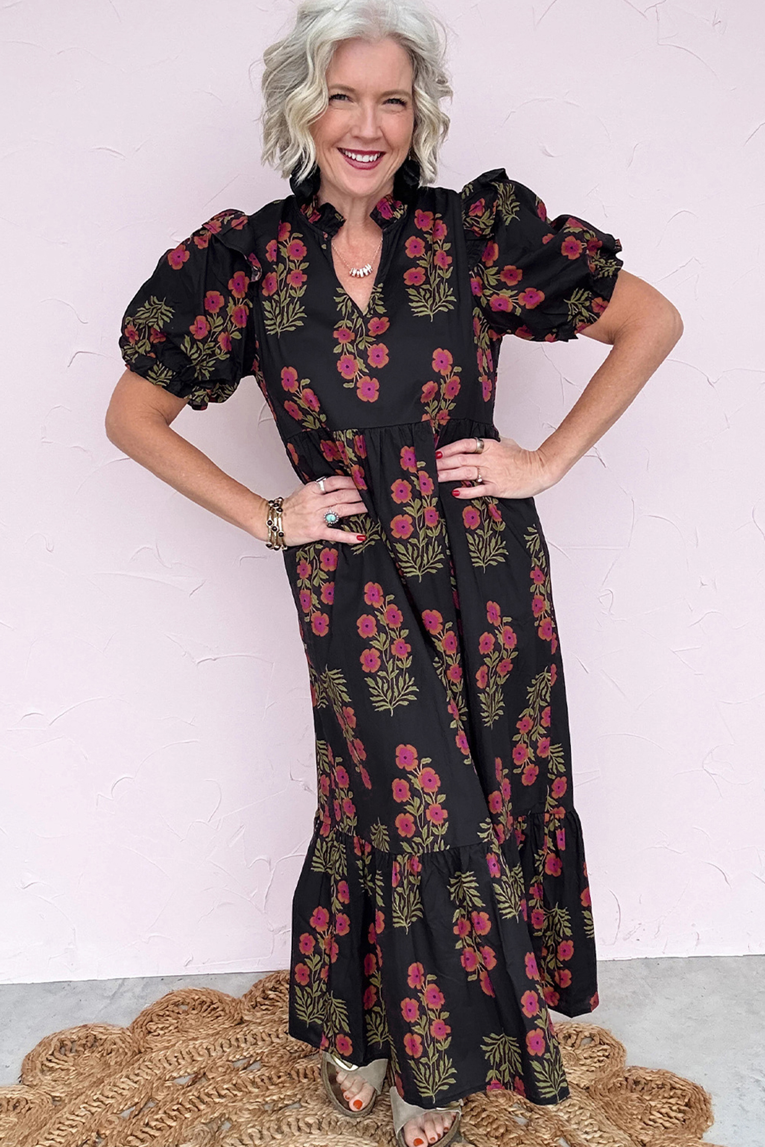 Black Floral Short Bubble Sleeve Tiered Maxi Dress - Image 3