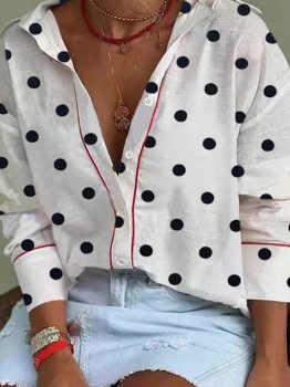 White Polka Dot Print Contrast Piping Elegant Shirt