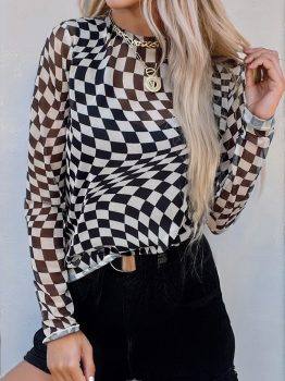Black Checkered Pattern Mesh Mock Neck Long Sleeve Top