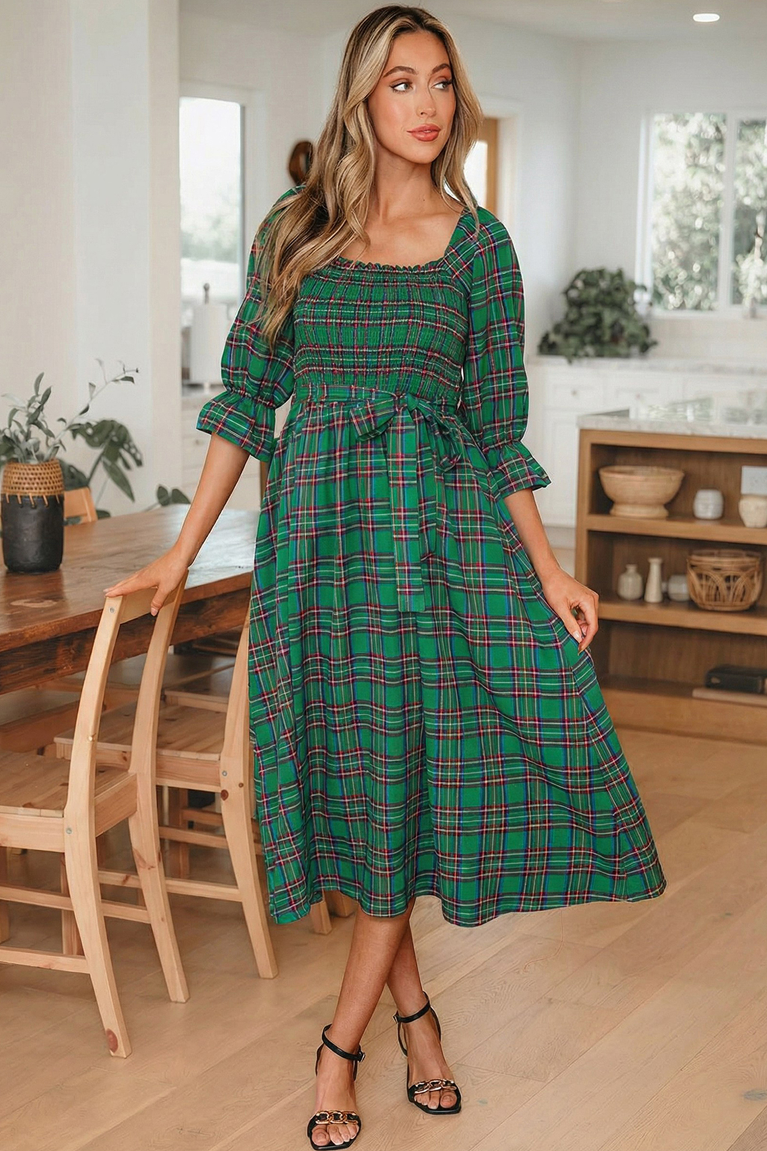 Green Tartan Plaid Square Neck Puff Sleeve Knot Waist Flared Midi Dress - Image 5