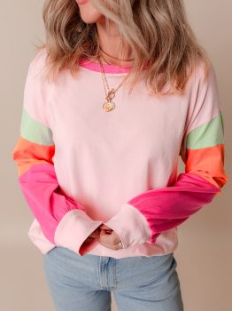 Pink Colorblock Patchwork Long Sleeve Loose Top