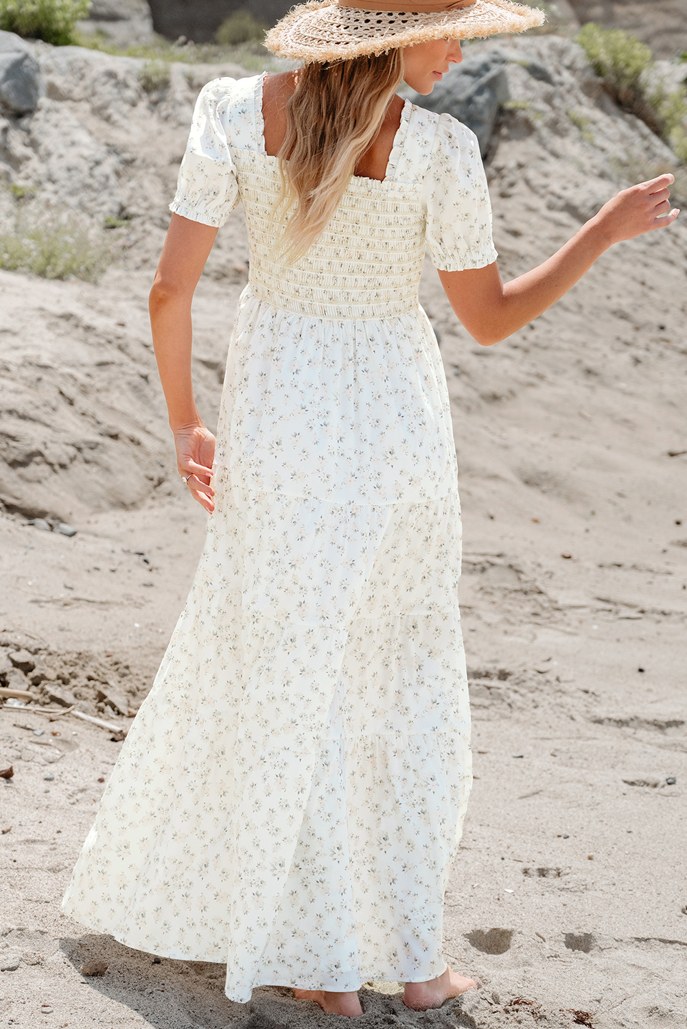White Frilly Shirred Bodice Tiered Floral Maxi Dress - Image 2