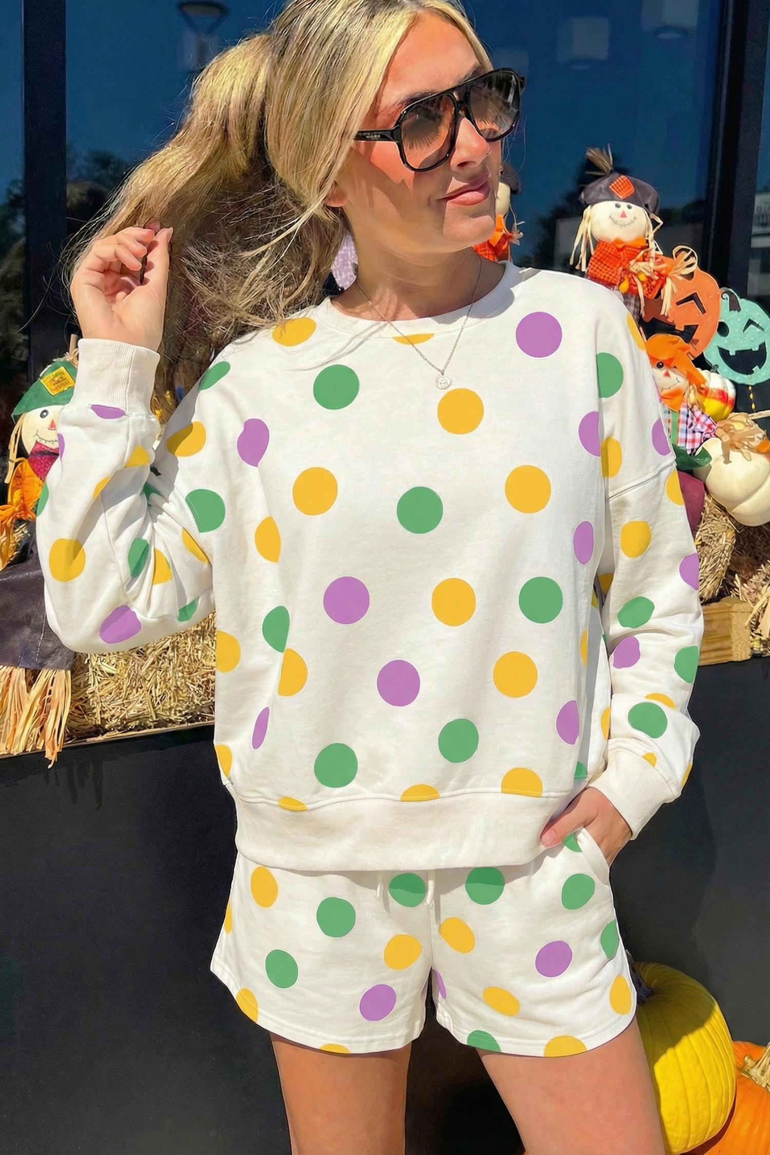 Multicolour Polka Dot Print Drop Shoulder Pullover Drawstring Shorts Set - Image 4