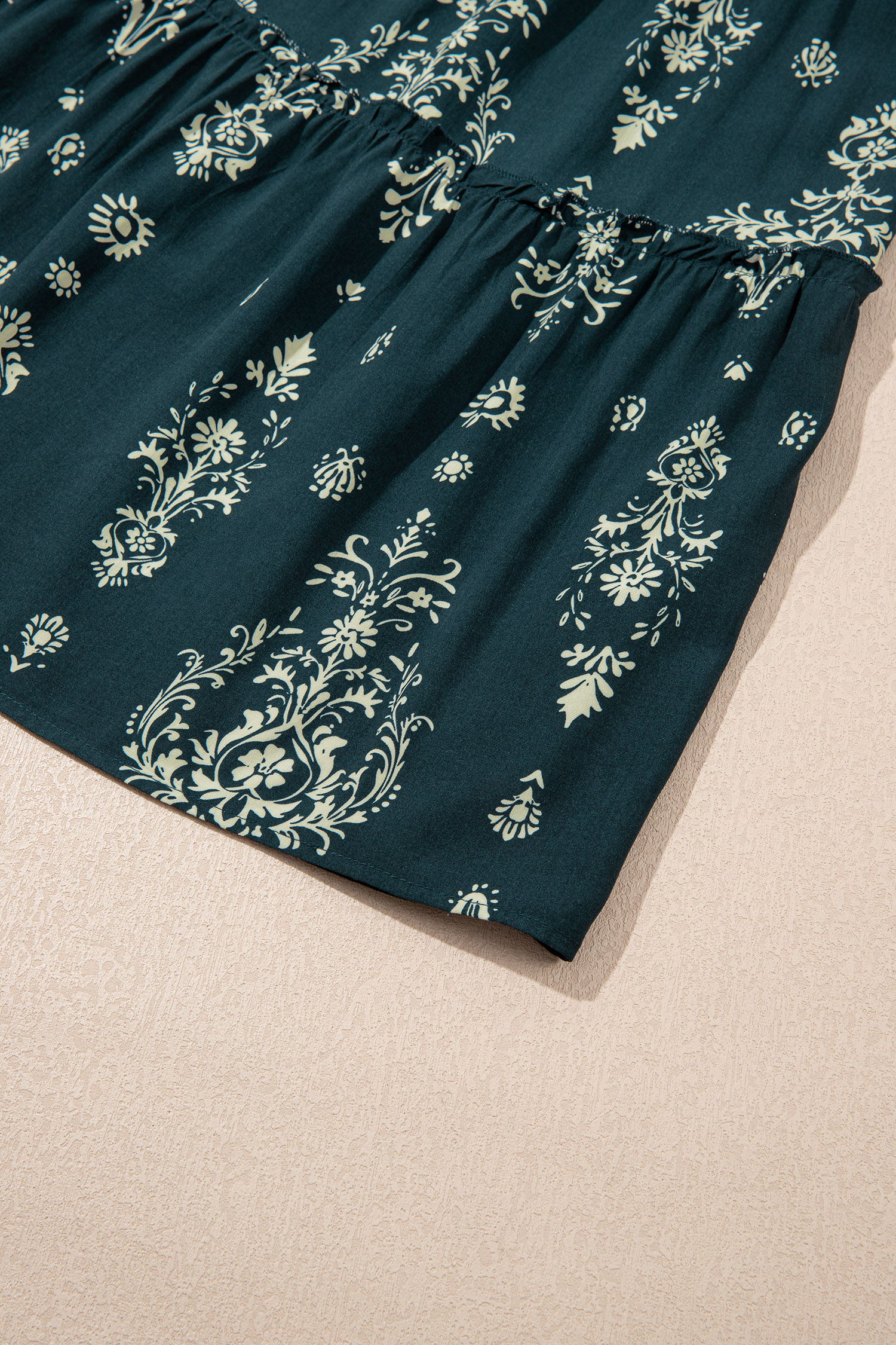 Blue Boho Floral Print Lettuce Trim 3/4 Sleeve Mini Dress - Image 8