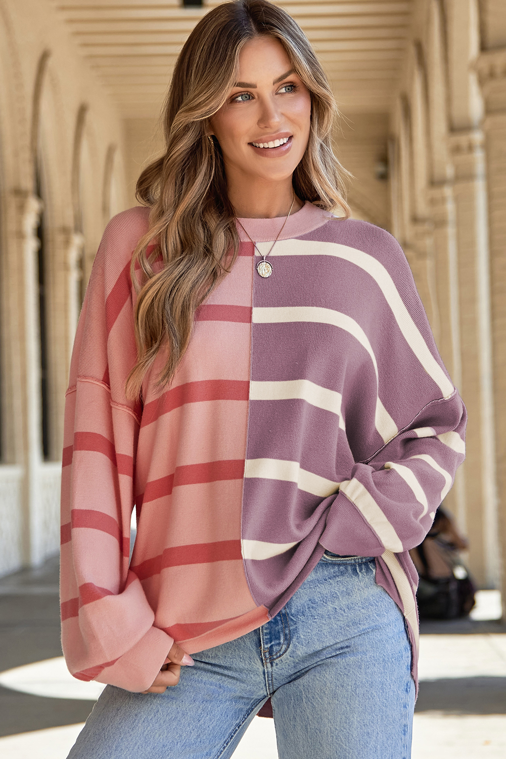 Pink Stripe Colorblock Oversized Sweater - Image 4