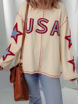 Beige USA Star Contrast Patchwork Exposed Seam Long Sleeve Top