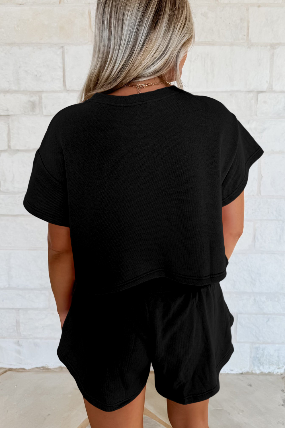 Black 2pcs Cropped Tee and Ruffle High Waist Skort Set - Image 2