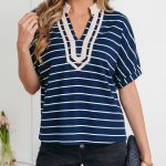 Blue Stripe Stand Collar V Neck Elastic Cuffs Half Sleeve Dolman Top