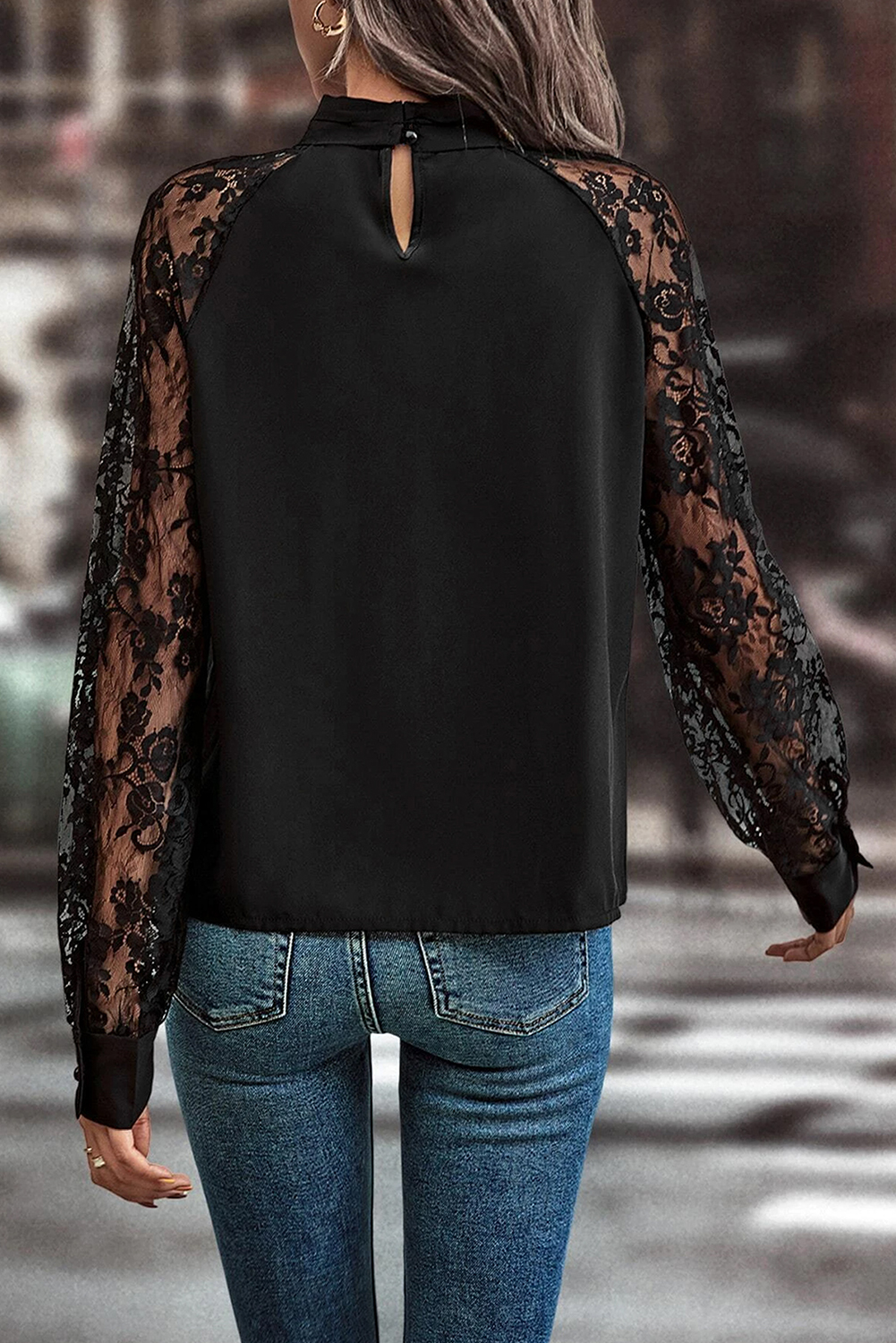 Black Keyhole Neckline Floral Lace Raglan Sleeve Blouse - Image 2