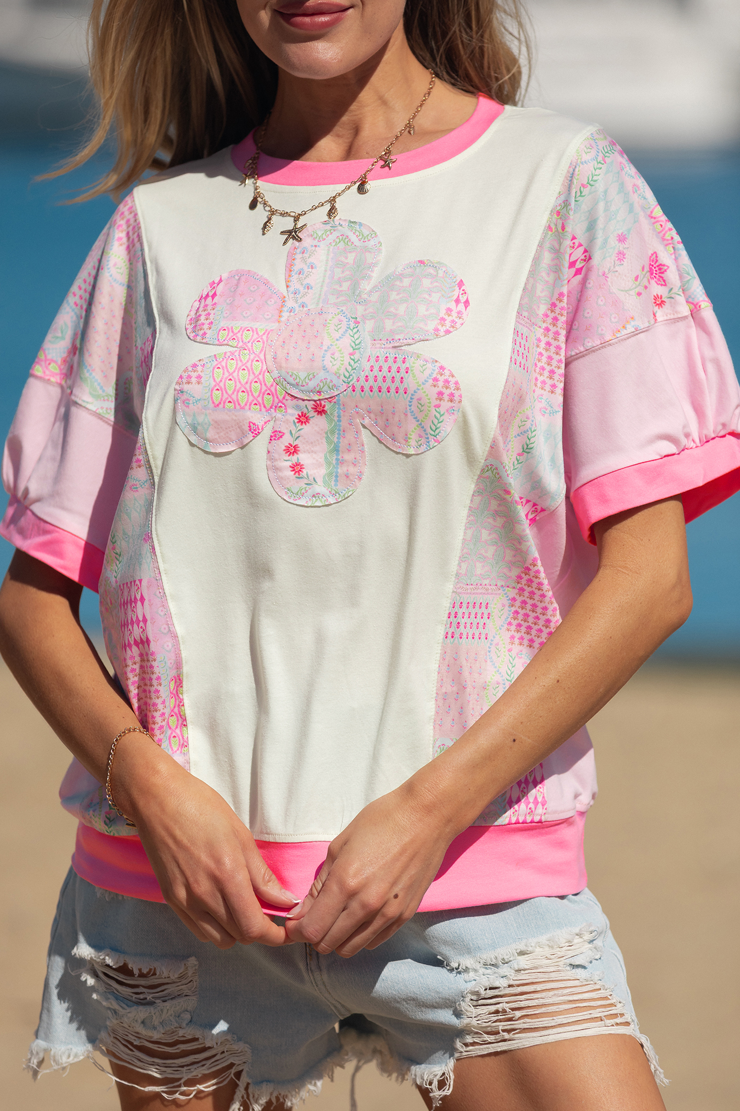 Beige Color Block Floral Patchwork Big Flower Accent Relaxed Top - Image 8